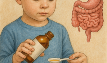 Niño tomando un jarabe. Generada con IA